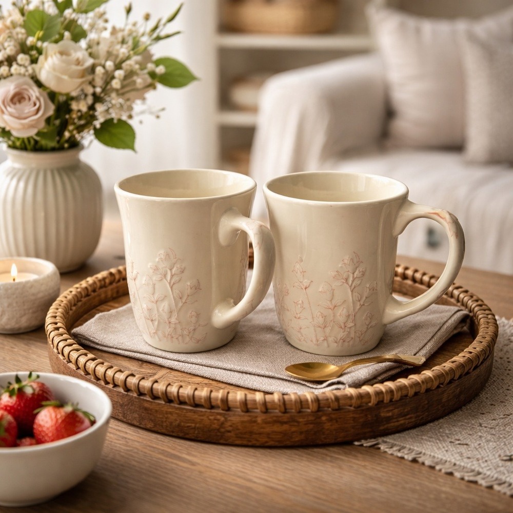 Longaberger Horizon of Hope Mugs Ivory Pink Floral Cottagecore Grandmillennial